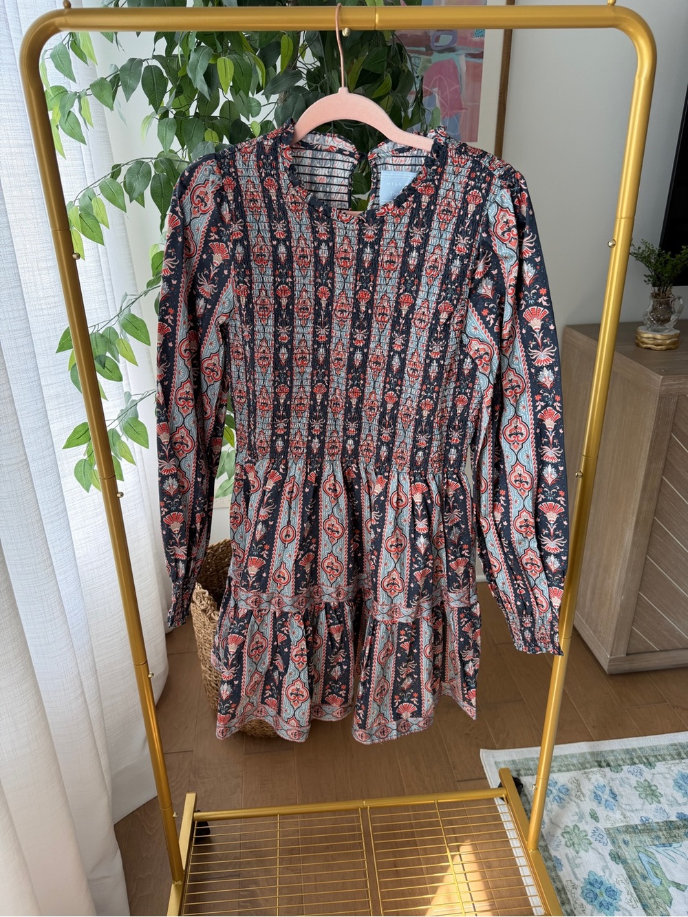 Hill House Casual Smocked Long-Sleeve Dress in Black and Coral-Blue Print
